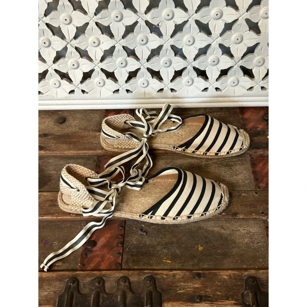 Soludos Womens Striped Lace Up Espadrille Flats Black White Ankle Tie Size 9.5